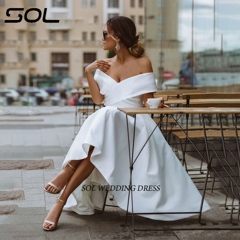 SOL Simple Criss-Cross Off The Shoulder Satin Wedding Dresses Sexy Open Back Mid-Calf A-Line Bridal Gowns Vestidos De Novia