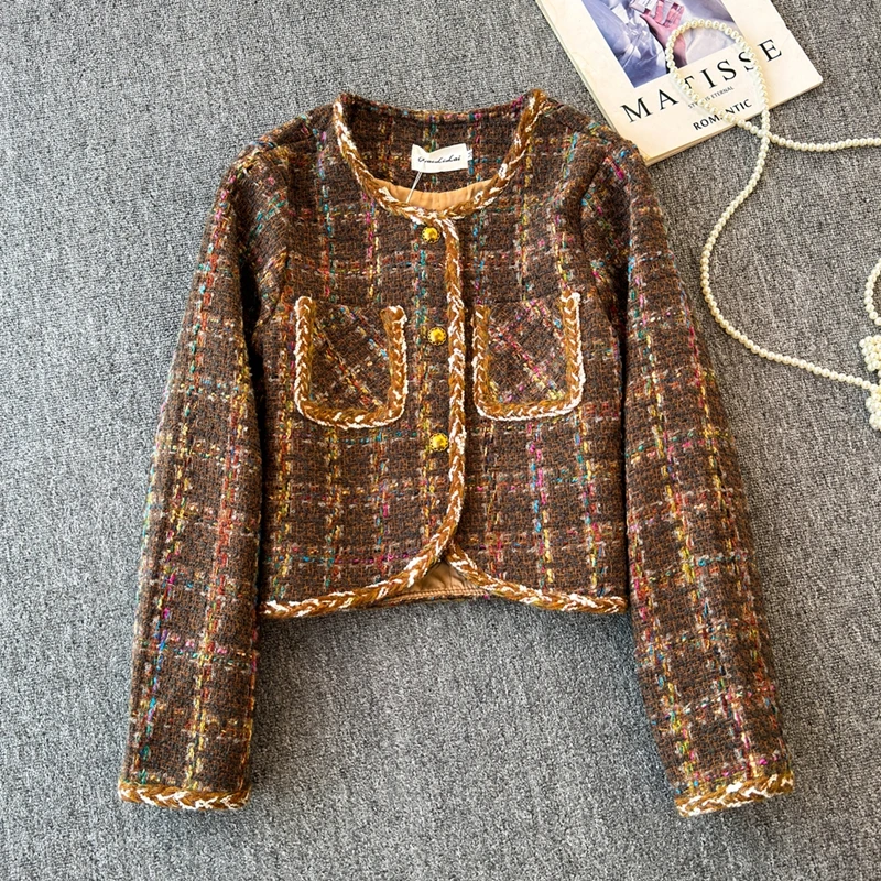 2024 New Bold Tweed Short Jacket Autumn Winter New Casual Versatile Round Neck Flip Decoration Short Suit Coat