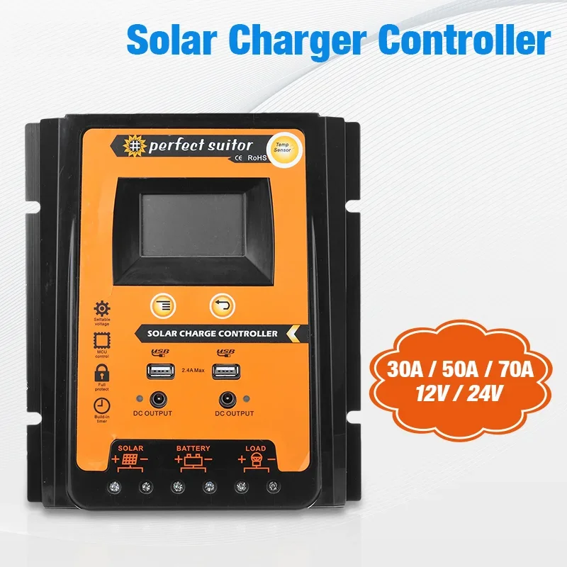 

Best Solar Controller 12V 24V 30A 50A 70A Solar Charge controller IP 32 Waterproof Panel Battery Regulator Dual USB LCD Display