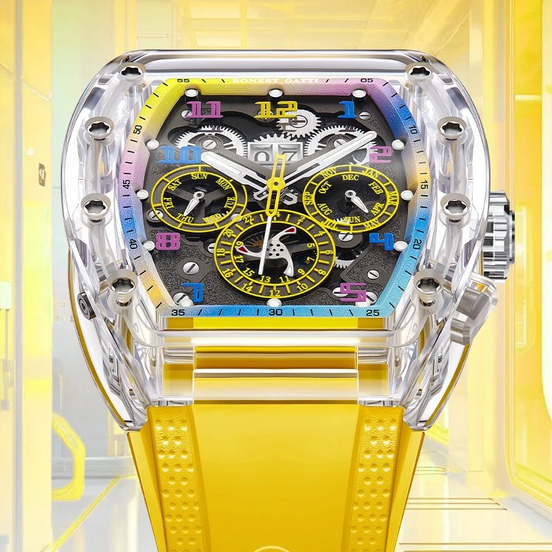 

BONEST GATTI Мужские автоматические часы Tonneau Механические наручные часы Хрустальный корпус Резиновая лента Годинники с несколькими циферблатами и датой месяца