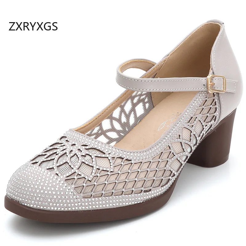 

ZXRYXGS Premium Microfiber + Cowhide Mesh Rhinestone Sandals Modem Shoes 2026 Elegant Breathable Women Mid Heel Sandals Big Size