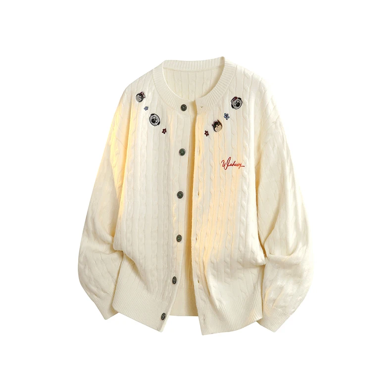 2025 Spring and Autumn New American Style Men's Cartoon Embroidery Light Gray Beige Black Blue Knitted Sweater Cardigan