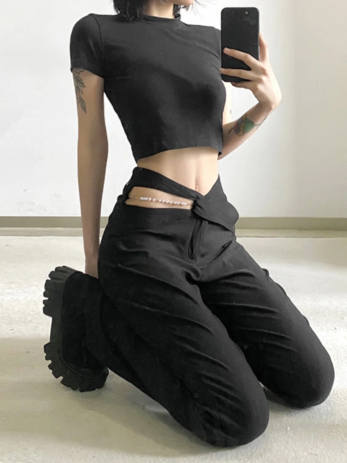 Pantaloni casual a vita alta Cool Bla Pantaloni lunghi da donna con design a vita scavata Pantaloni casual da strada