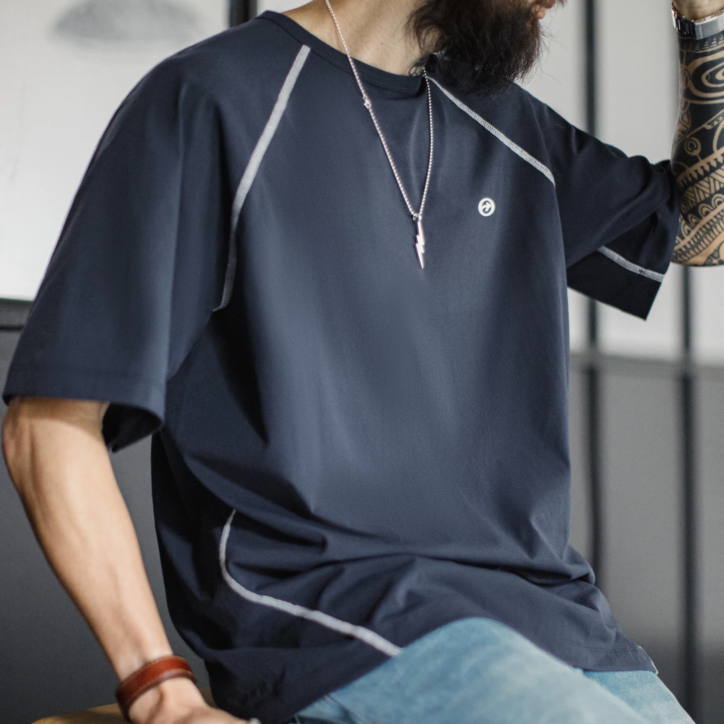 Maden Men's Color Block Cool Touch Sun Protection Tee American Hasu Line Workwear Quick Dry Breathable Short Sleeve Sports Top