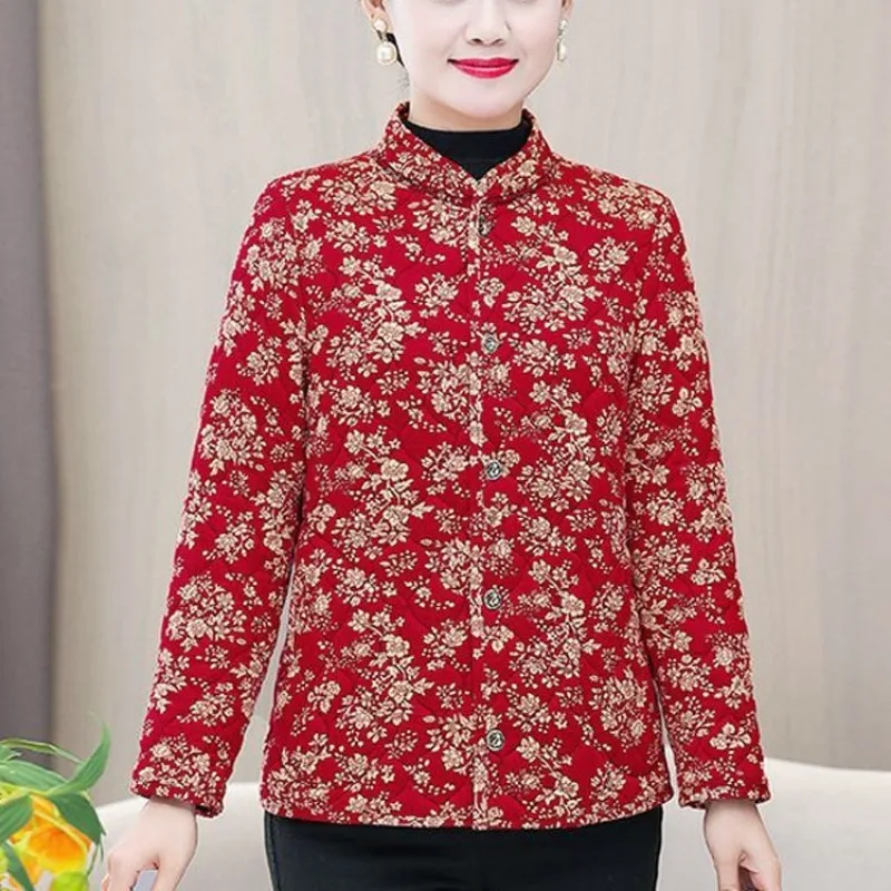 Womens Stand Collar Floral Quilted Jacket Winter Fleece Lined Warm Loose Mom Cotton Coat For Outer Inner Wear