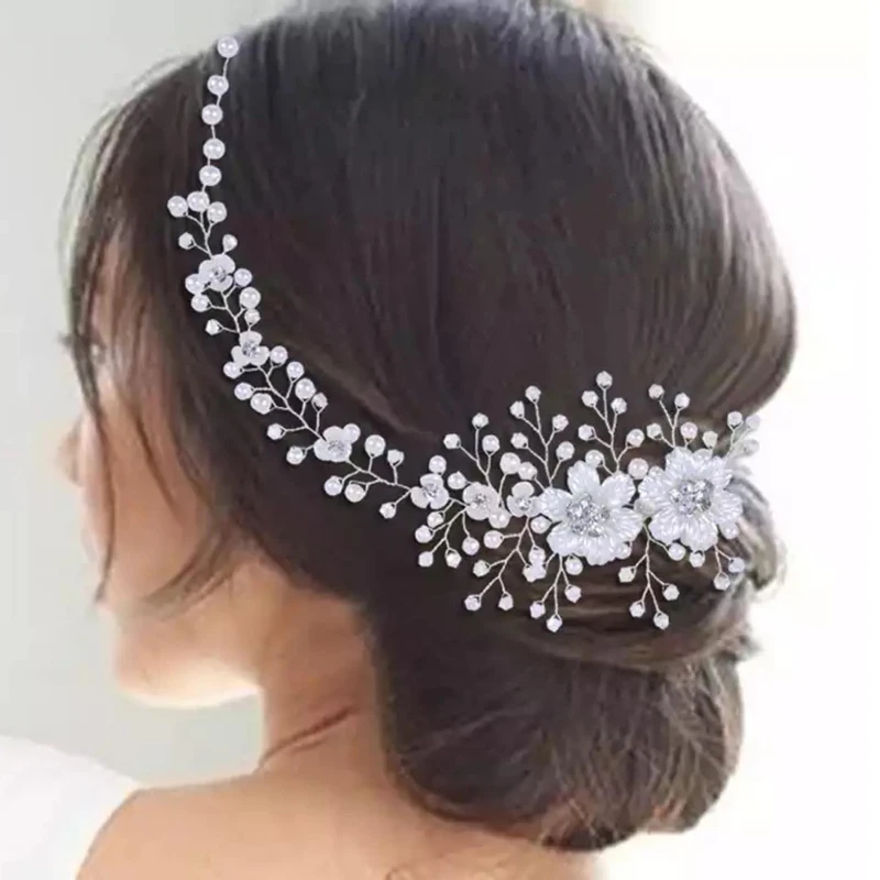Imitation Pearl White Flower Hair Band Handmade Rhinestone Headband Women Bridal Headwear Wedding Party Hair Accessories