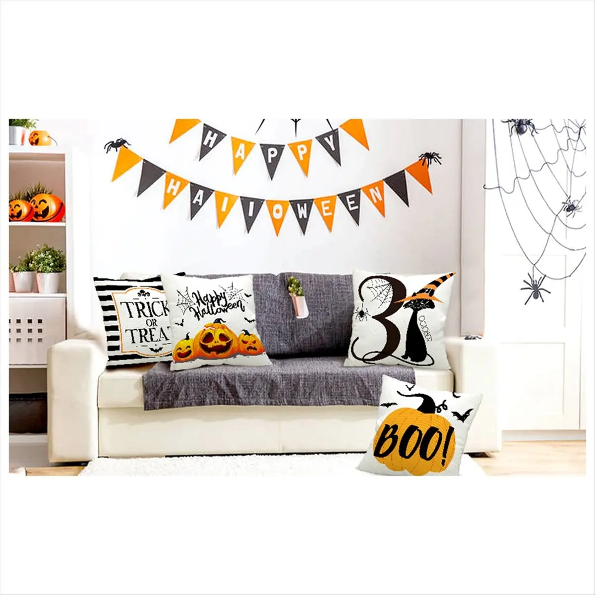 A08I Pillow Covers 18x18 Inch Set of 4 Trick or Treat Pillow Covers Halloween Linen Sofa Bed Throw Cushion Cover Decoration