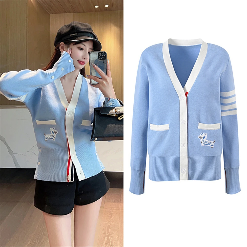 

Высококачественная версия College Sle с вышивкой собаки V-Ne свитер женский вязаный топ открытый кардиган длинный свек стандартной длины