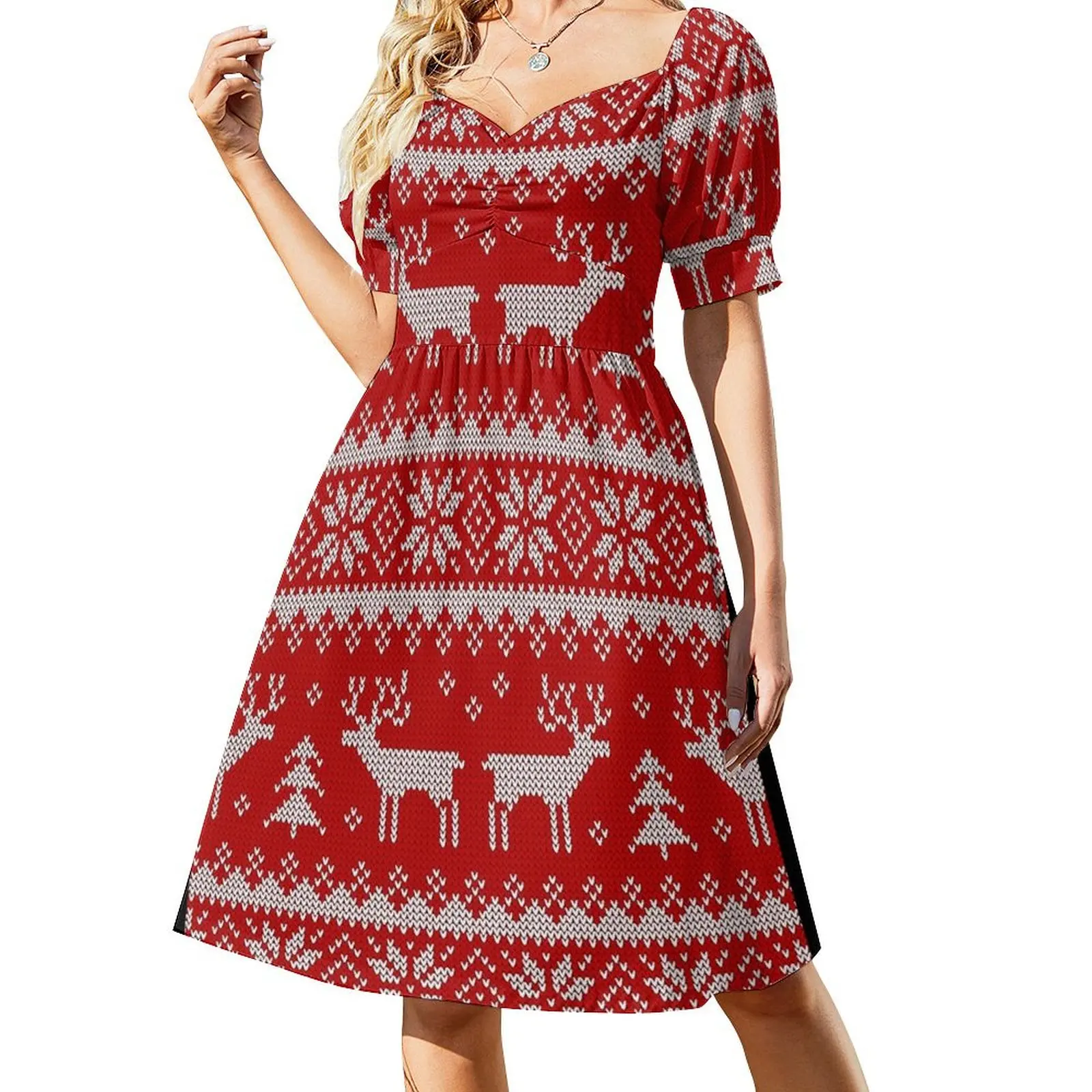 scandinavian ornament with deers. Short Sleeved Dress evening dress woman Summer skirt Dress