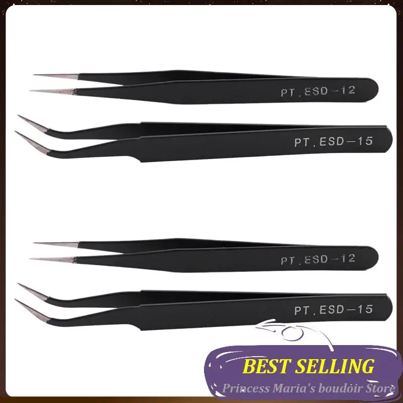 AB30-4X Nail Art Rhinestones Eyelashes Extension Straight & Curved Tweezers Tool Set-Black