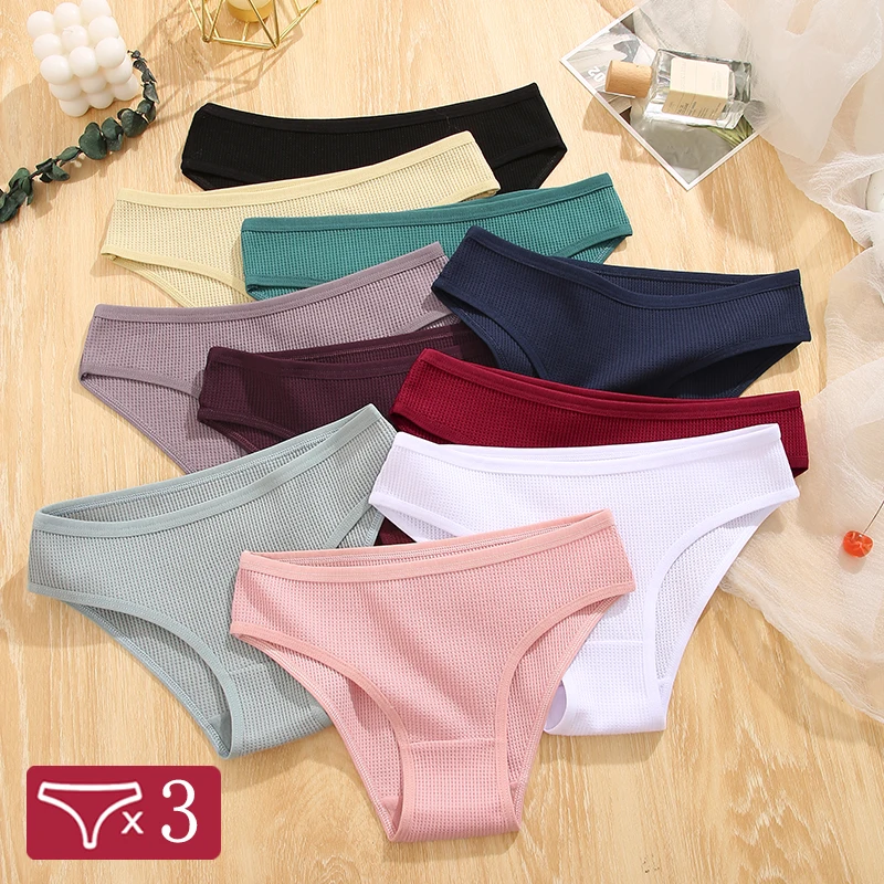 3Pcs/Set Sexy Waffle Plaid Cotton Briefs Women Solid Color Low Waist Panties Female Soft Breathable Lingerie Comfort Underwear