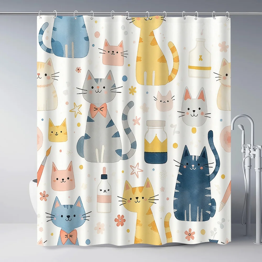 1pc Cute Cat Pattern Printed Shower Curtain, Fresh Style Home Decor Bathroom Curtain, Includes 12pcs Hooks, Suitable for Windows