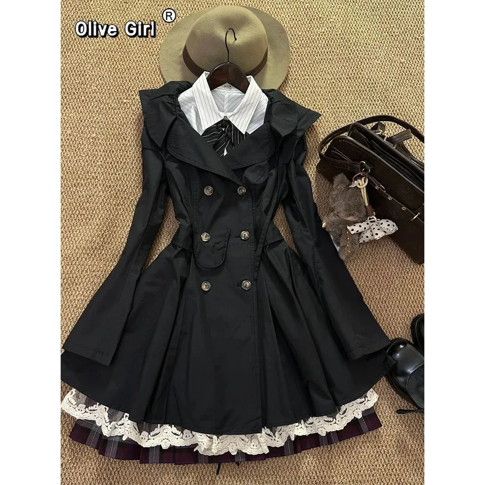Olivegirl Gothic outerwear vintage Lolita jacket dress black trench style women's hoodied coat 2026 autumn flared with ruffles