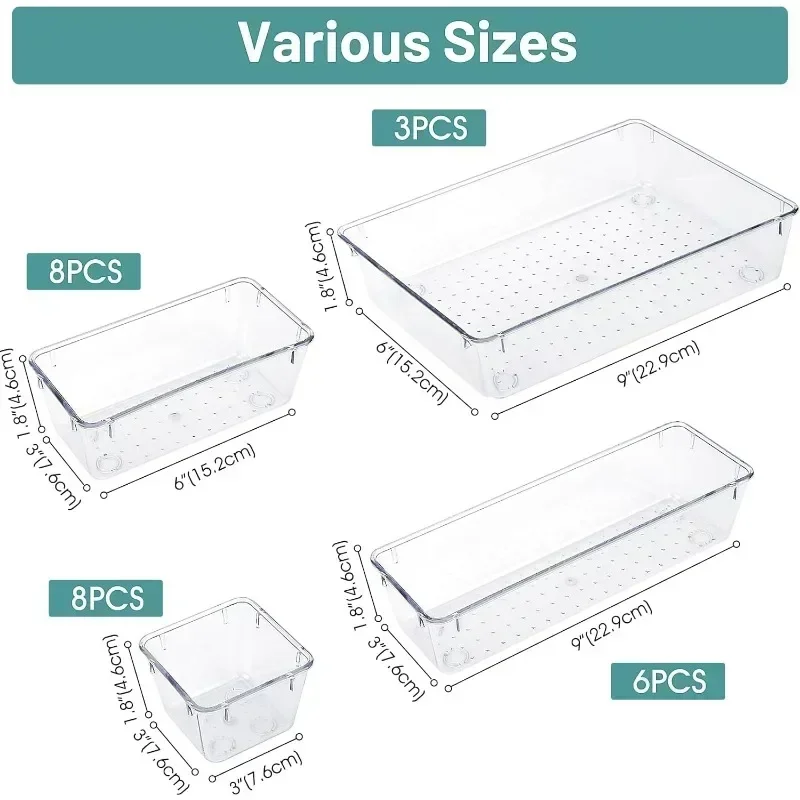 24/16/8/4pcs Drawer Organizers Set Clear Plastic Desk Dividers Bins Bedroom Dresser Office Storage Box for Makeup Gadgets