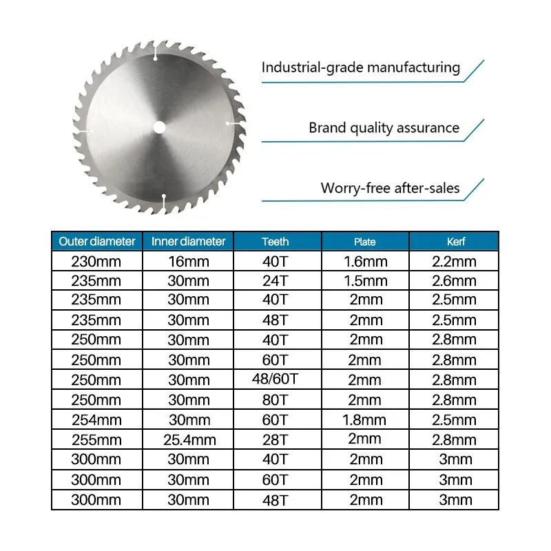 16/25.4/30mm Dia Inner Bore Wood Saw Blade 230 235 250 254 255 300mm TCT Wood Cutting Disc Carbide Circular Saw Blade for Wood