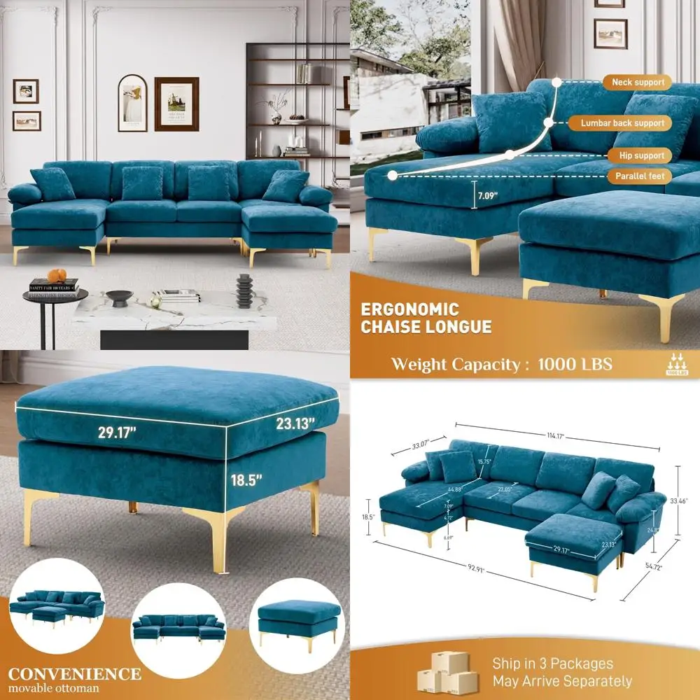 

Современный 4-местный большой L-образный секционный диван с шезлонгом и пуфиком, спальный диван для удобной гостиной