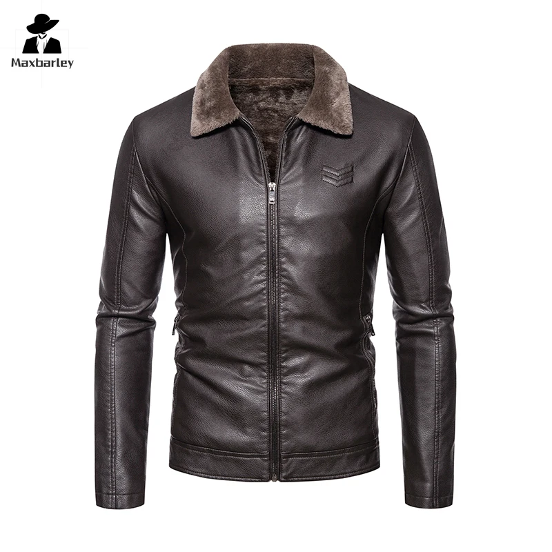 

Winter Warm Leather Jacket Men's Luxury Fur Collar Windproof Thick Wool Motorcycle Coat Fashion Imitation Leather Biker Jacket