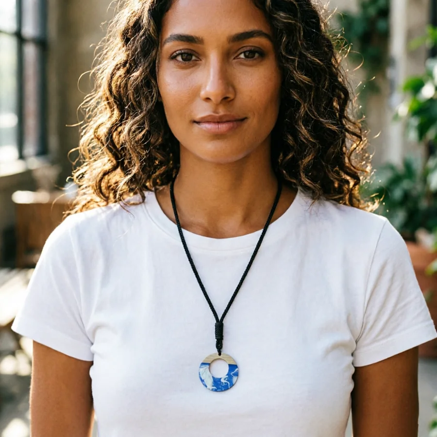 Geometric round star leaf wood combined with resin pendant necklaces for men and women