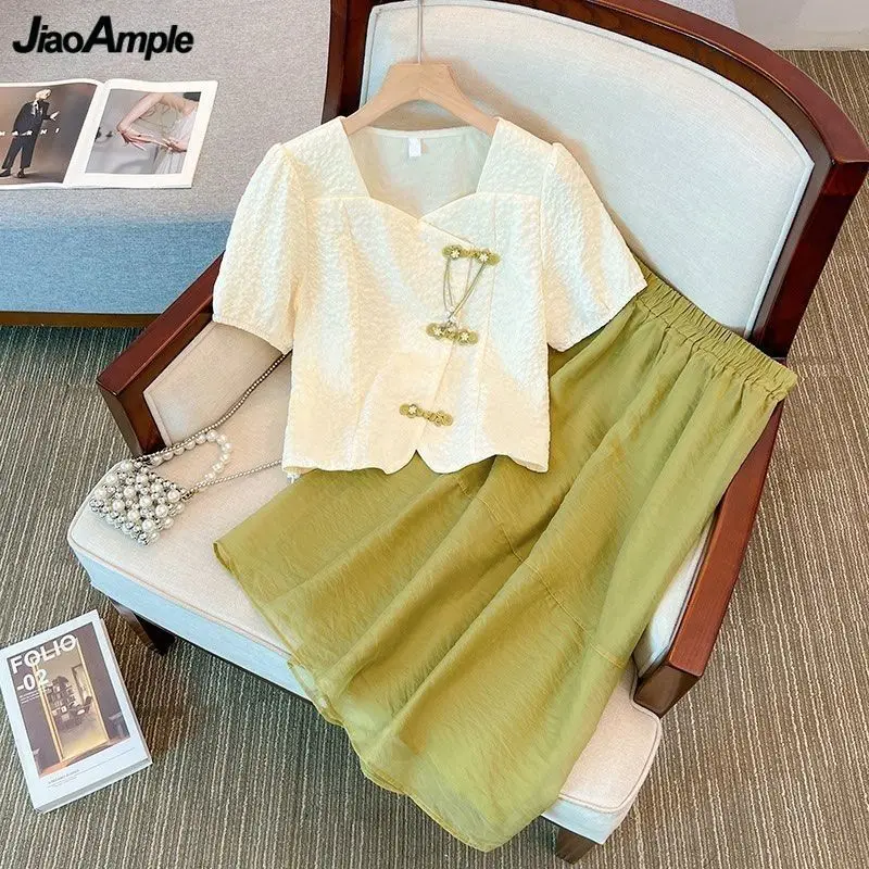 Chinese Style Graceful Short Sleeve Tops Midi Skirts 1 or Two Piece Set Women Summer Slim Green Shirts Half Skirt Outfits 2024