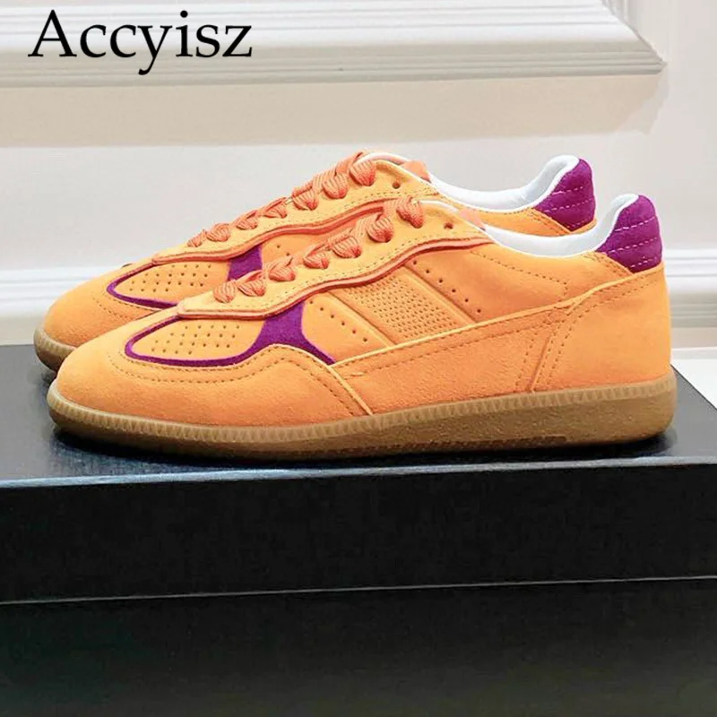 

autumn frosted suede leather breathable hole design anti slip thick sole sneaker splicing casual and comfortable flat shoes
