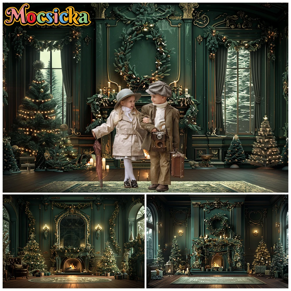 Mocsicka Christmas Backdrop Dark Green Luxury Room Fireplace Wreath Photography Background Xmas Tree Window Family Studio Banner