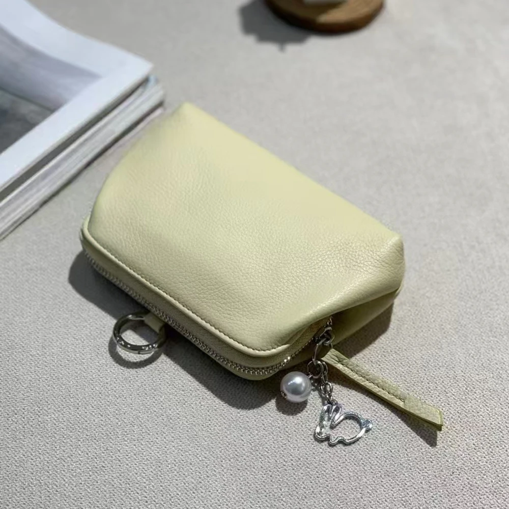 Soft Gnuine Leather Pouch Wallet With Keyring Custom Name Zip Women Coin Purse Engrave Letters Makeup Card Money Clutch Bag