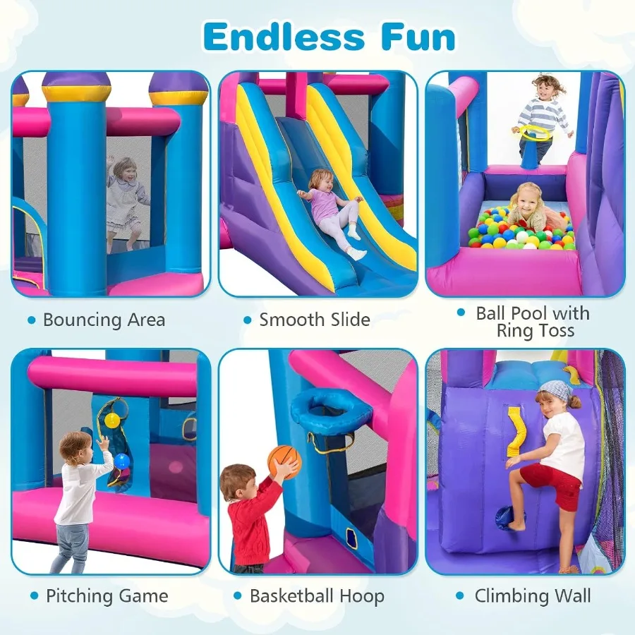 Casa de rebote inflable, castillo de salto rosa para niños con tobogán, pozo de pelotas, pared trepadora, con soplador de 680W, 50 Uds. De bolas oceánicas