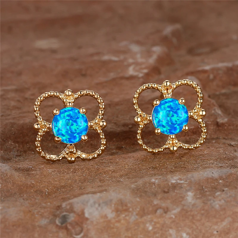 Cute Female Blue White Fire Round Stone Stud Earrings For Women Trendy Gold Color Wedding Jewelry Accessory