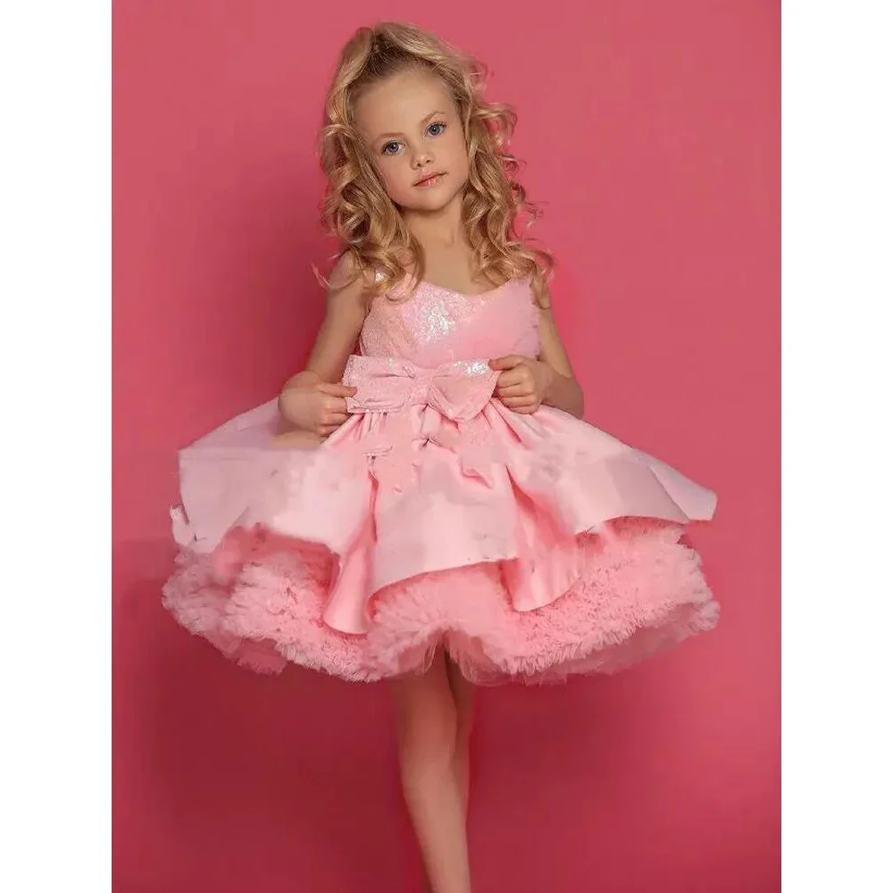 

Cute Pink Princess Flower Girl Dress Kids Birthday Party Pageant Glitter Sequin First Holy Communion Gowns