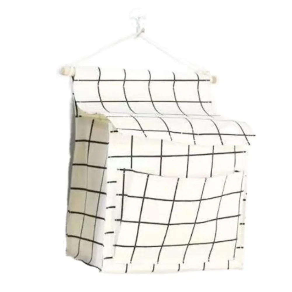 

Wall Mounted Wall Hanging Bag Plaid Dustproof Cover Sundries Storage Pouches with Hook 3 Pockets Bedside Organizer Dormitory