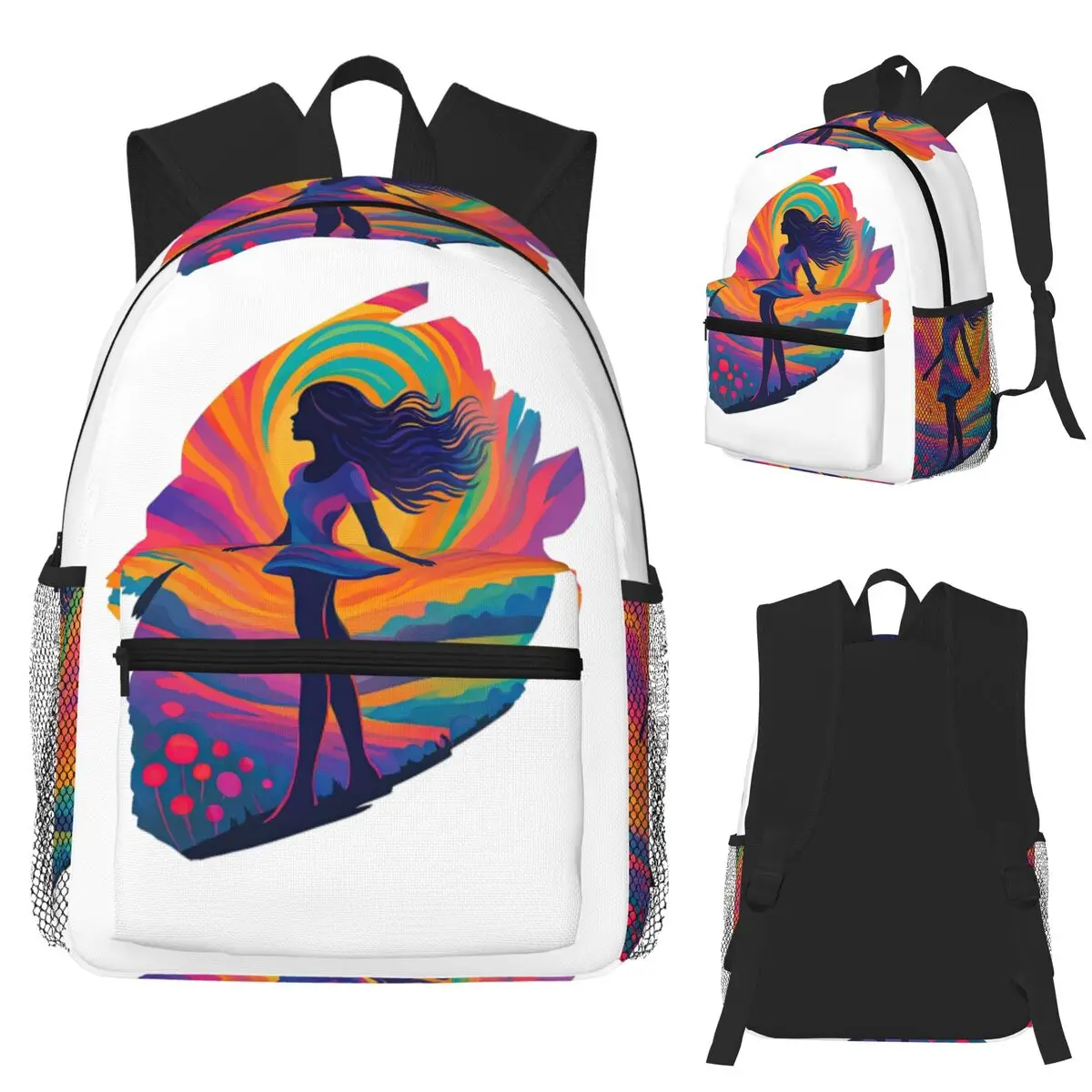 

Colorful Woman Silhouette In Abstract Rainbow Art Student Backpack School Bag Hiking Travel Daypack Bookbag Shoulder Bags