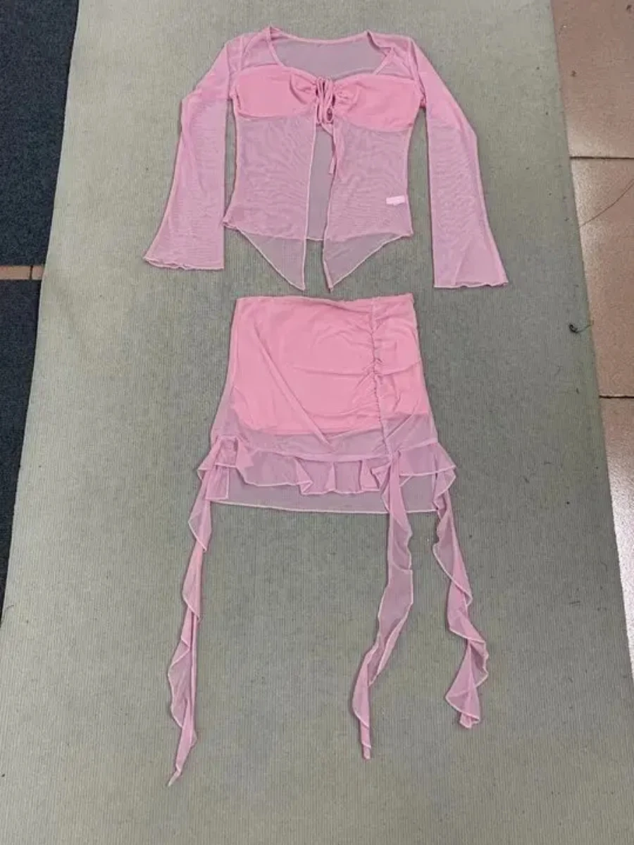 

Модный сексуальный женский комплект для пикантных девушек, сетчатый кардиган на шнуровке, прозрачная летняя юбка с длинными рукавами и лентой, комплекты из двух предметов