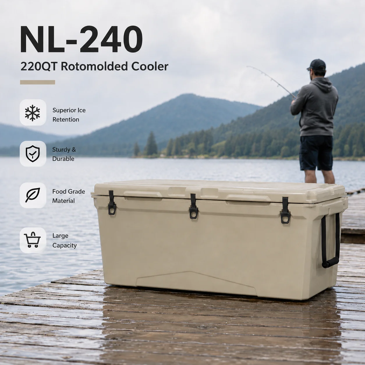 240QT Large Capacity  Portable with Wheels and Handle Insulated Rotomolded LLDPE+PU Ice Chest for Marine Fishing Cooler Box