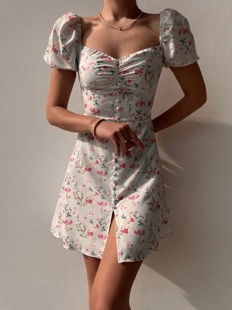 Concerky-Robe imprimée florale de style français pour femmes, manches bouffantes, mini robe décontractée, corset sans bretelles, été, 2024