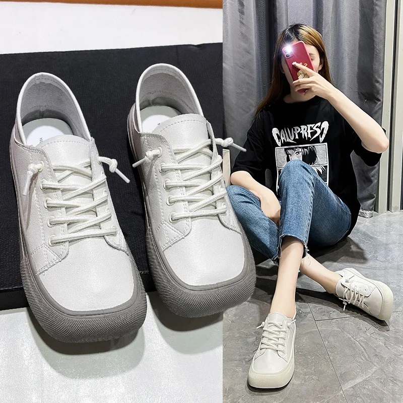 Single Shoes Women New Women\'s Shoes Summer Square Head Shallow Flat Women\'s Lace-up White Casual Shoes