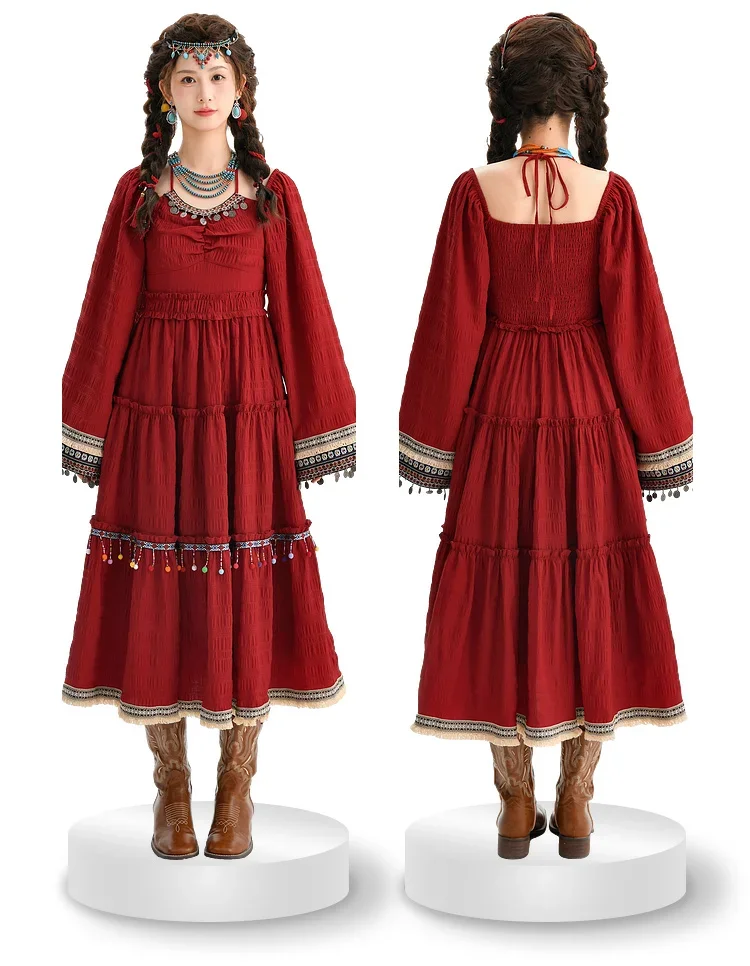 Dresses Bohemian Heavy Industries Whistling Tassel Western Regions Ethnic Style Holiday Neck Red Dress