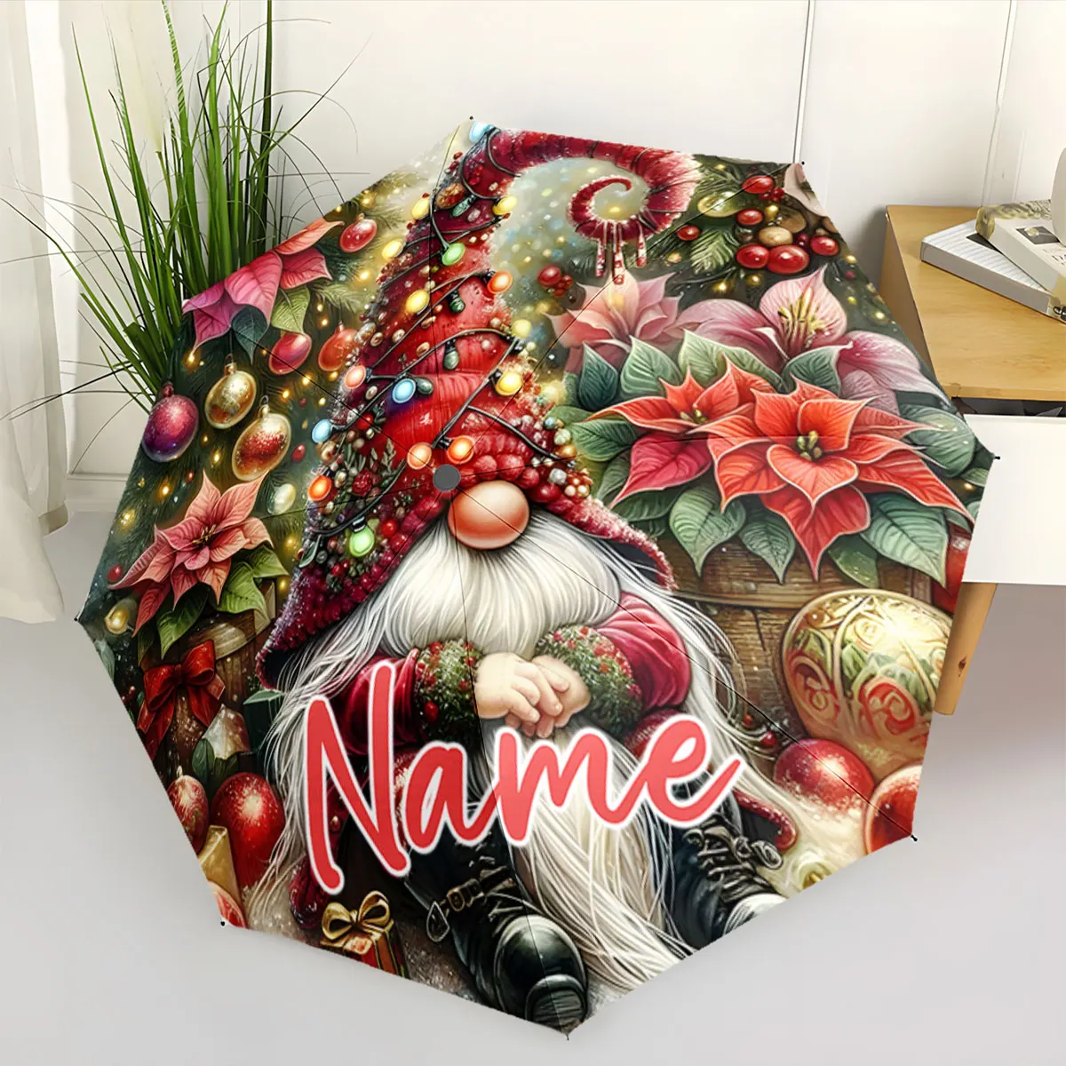 Custom Name Christmas-Themed Umbrella with Festive Patterns Print 8 Iron Ribs Folding Umbrella, Auto-Open Fashion Sunshade