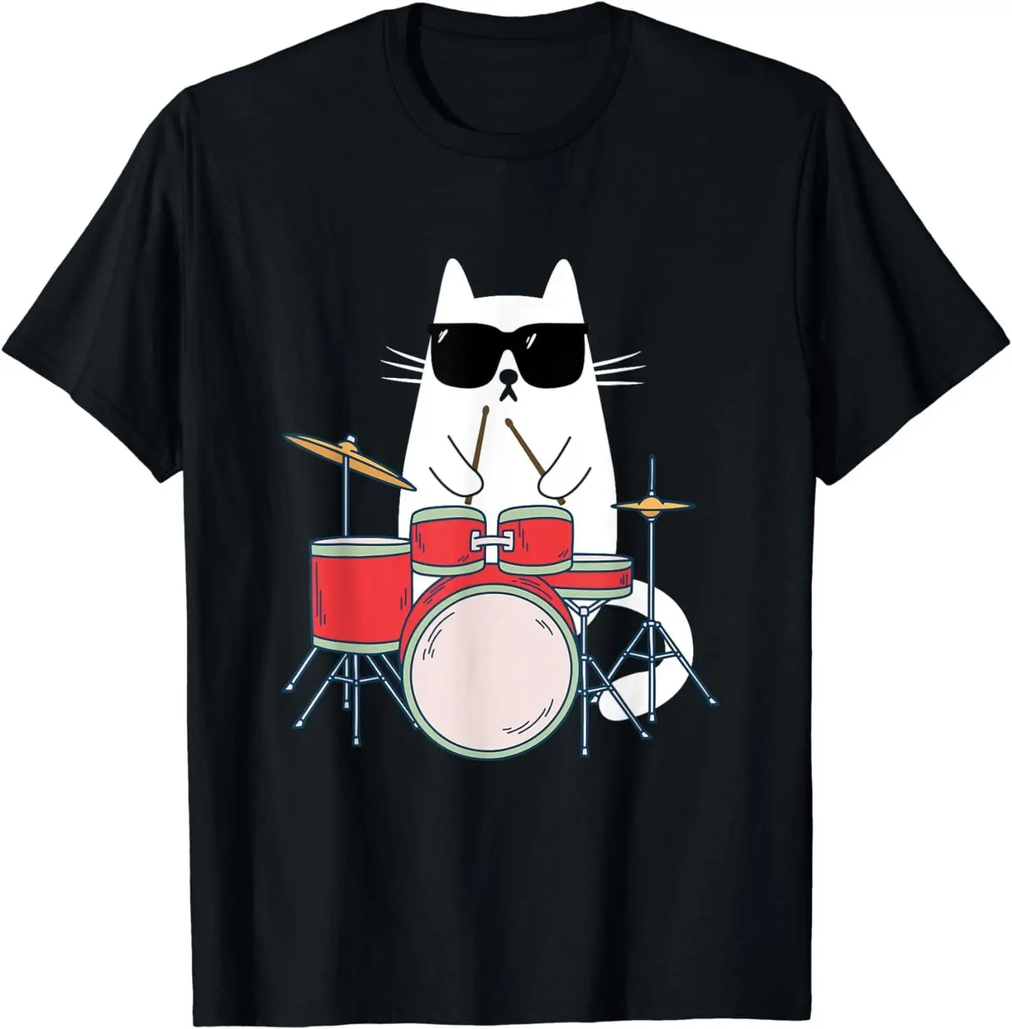 

Funny Cat Wearing Sunglasses Playing Drums Drum Kit Musician T-Shirt