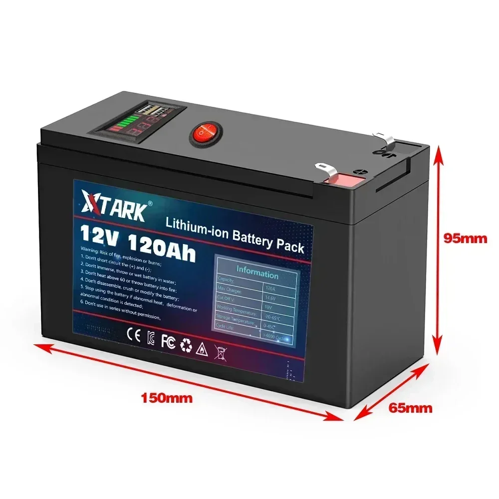 12V Battery 120Ah 18650 lithium battery pack Rechargeable battery for solar energy electric vehicle battery+12.6v3A charger