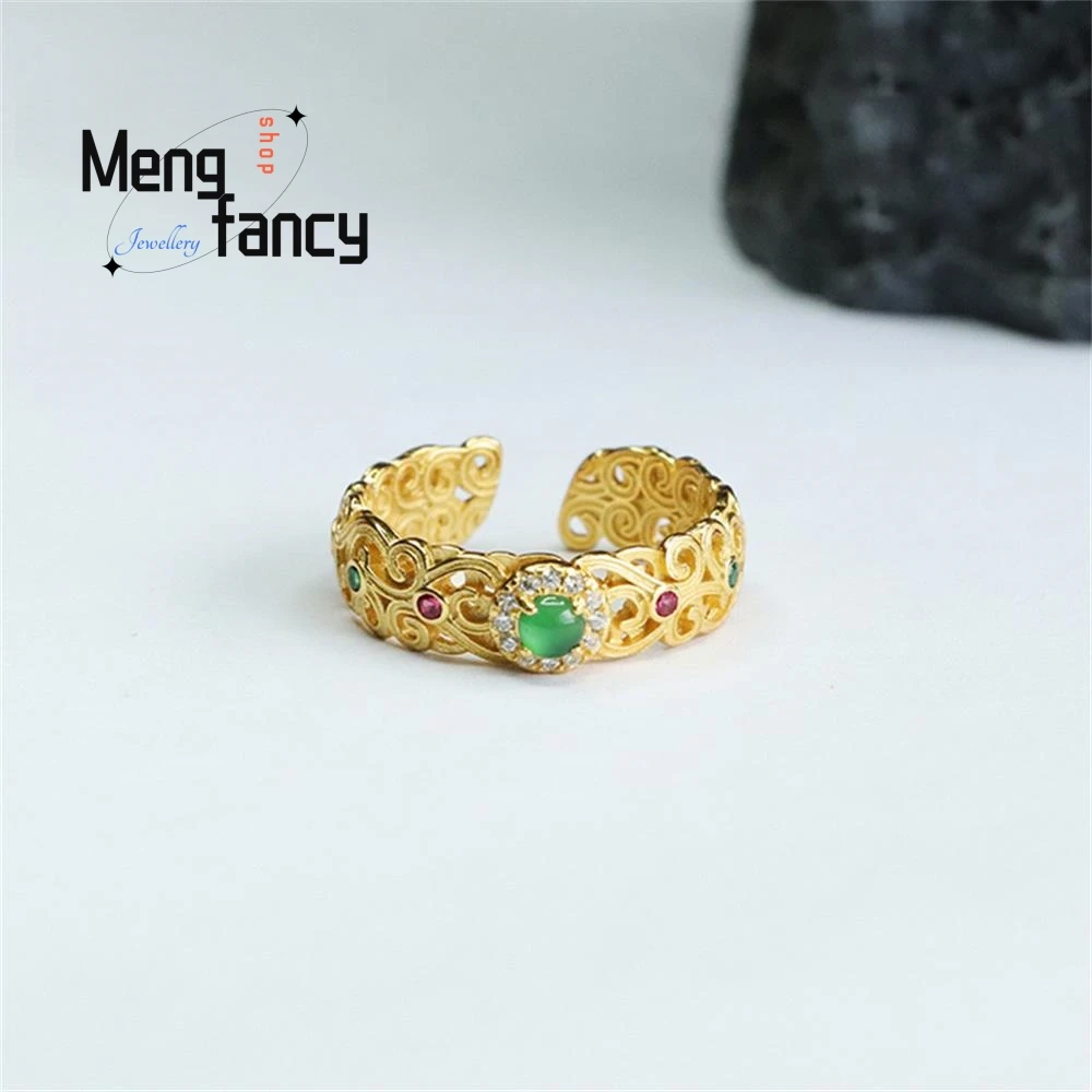 S925 Silver Inlaid Natural Jadeite Ring Icy Emperor Green Country Tide Finger Exquisite Elegant High-grade Fashion Fine Jewelry