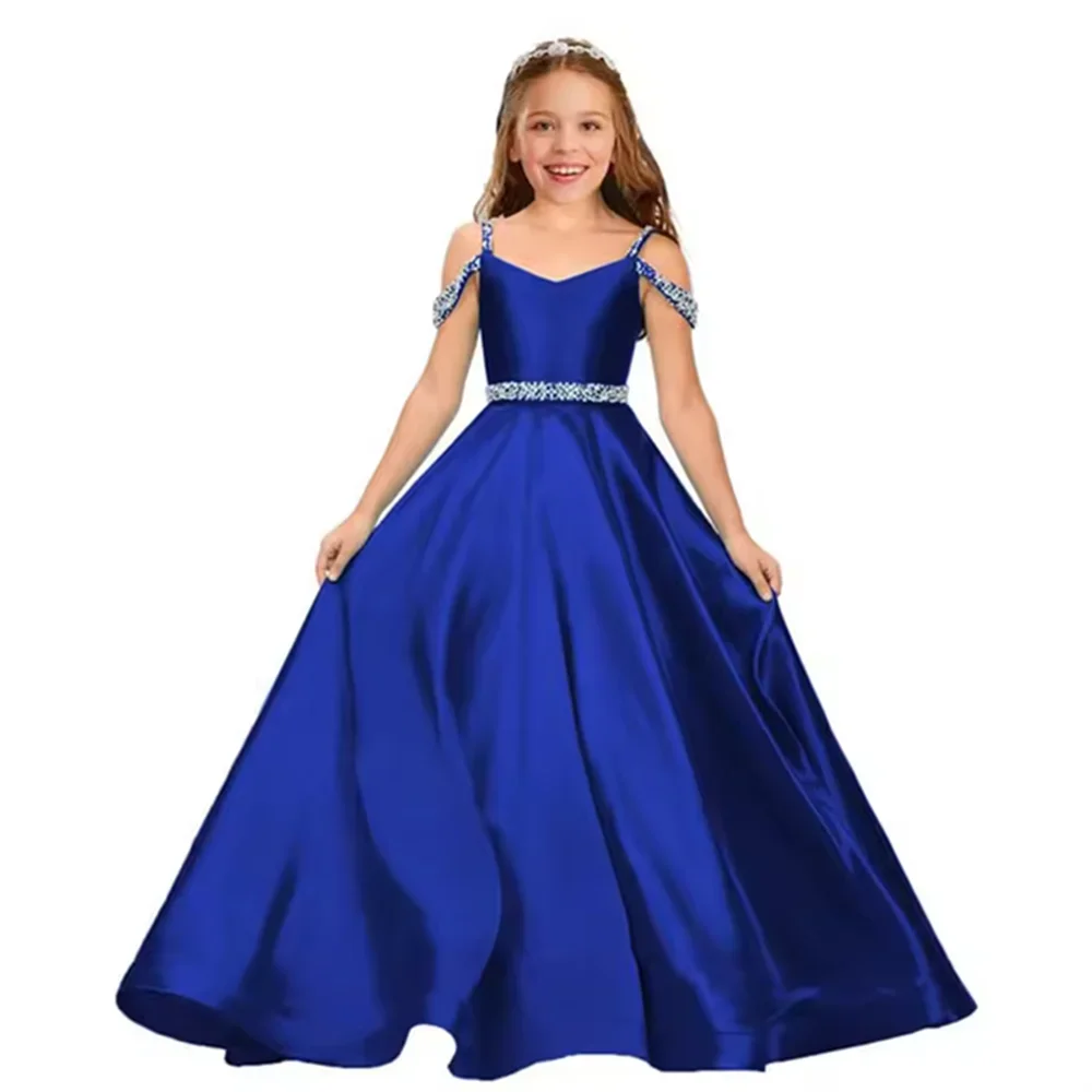 

Платья с цветочным узором для девочек Королевское синее атласное платье с цветочным узором для девочек на свадьбу с бантом, детское бальное платье принцессы для дня рождения, первого причастия