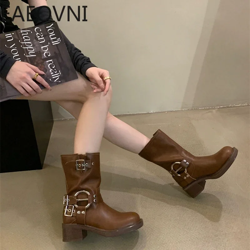 2024 Winter Short Boots For Women Fashion Belt Buckle Biker Boots Female Elegant Square Heel Women\'s Knight Bootties