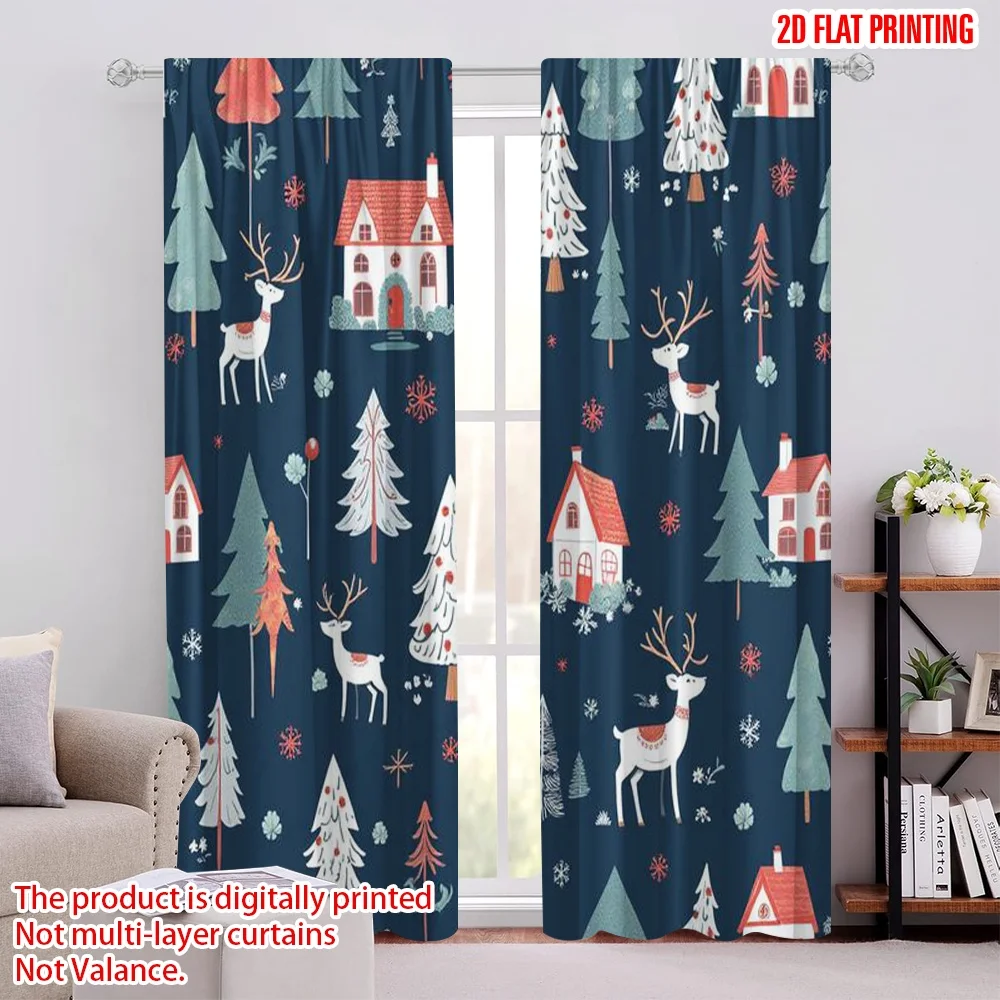 

2pcs 2D flat printing Merry Christmas Popular Window Curtains Forest Reindeer Landscape Animal Nature Landscape Durable 100%