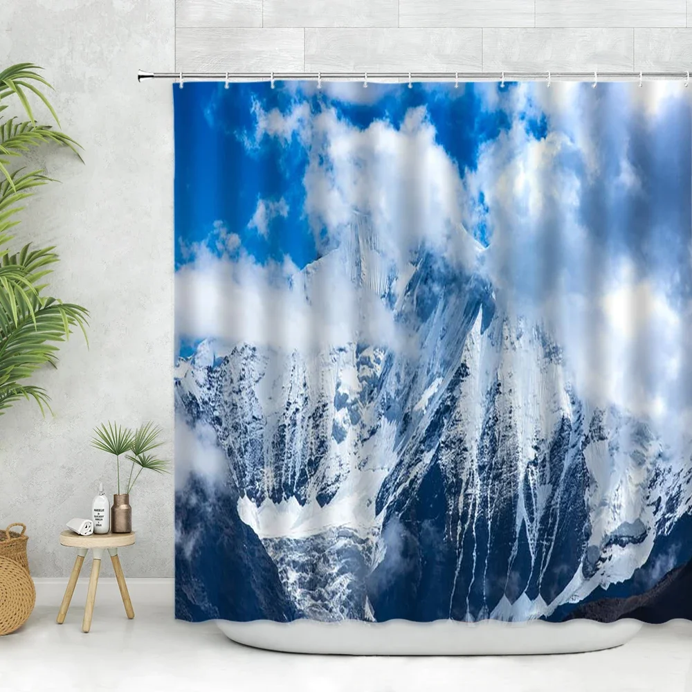 Winter Snow Mountain Scenery Shower Curtain Set White Snow Field Natural landscape Home Deco Bathroom Bathtub Curtains Polyester