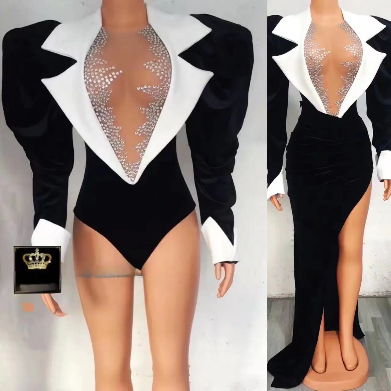 

Luxury Shiny Diamond Bubble Long Sleeved White Collar Velvet Bodysuit+Tail Dress Set Nightclub Bar Singer Model Walk Stage Wear