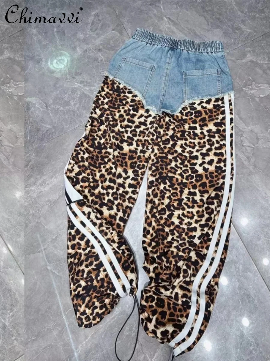 

Leopard Splicing Jeans for Women 2024 Autumn New Fashion Thin Ripped Washed Elastic Waist Straight Ankle Tied Cropped Pants