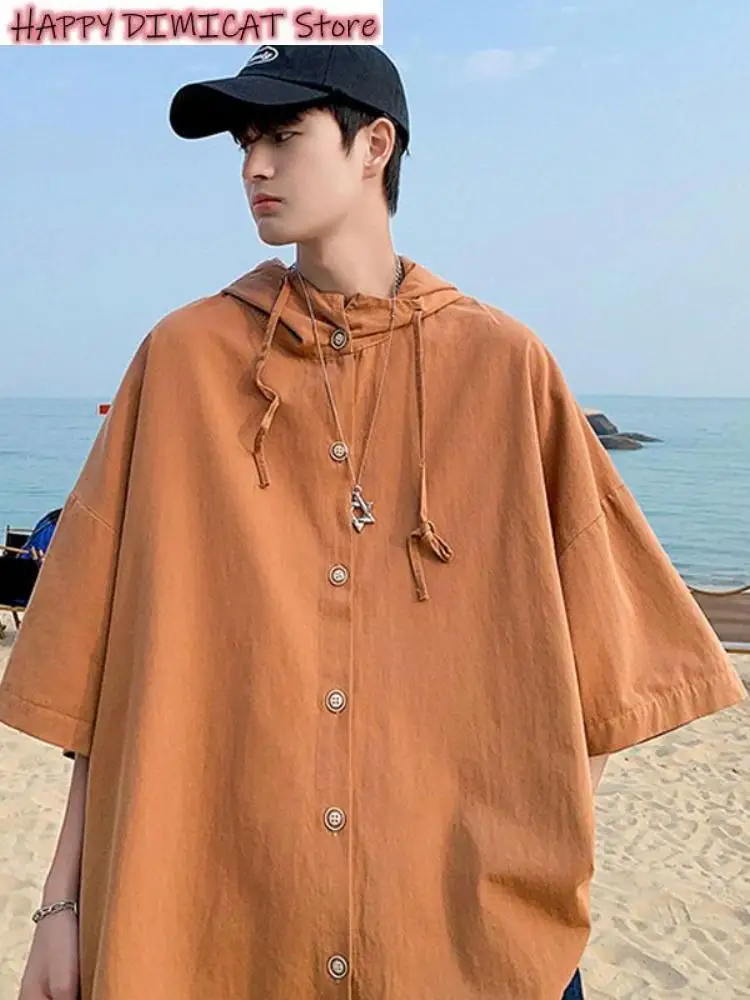 

Shirt Jacket Hooded Short-sleeved Shirts for Men Women Japan Summer Trend Cityboy Solid Blouse Unisex Cargo Button Up