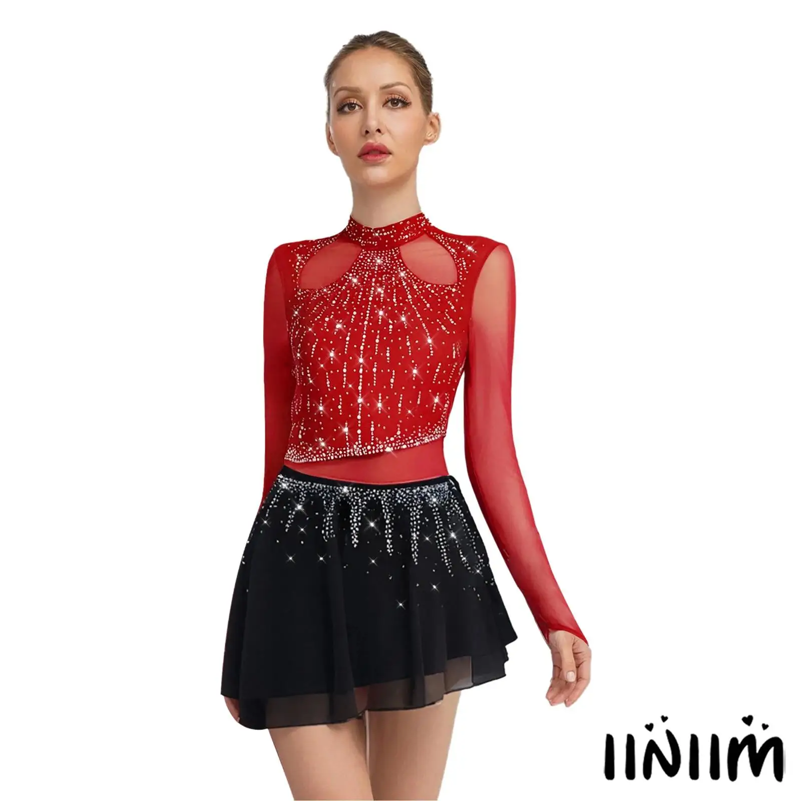 

Women Skating Lyrical Modern Dance Leotard Dresses Rhinestones Long Sleeve Chiffon Skirted Bodysuit Ice Skating Dance Costume