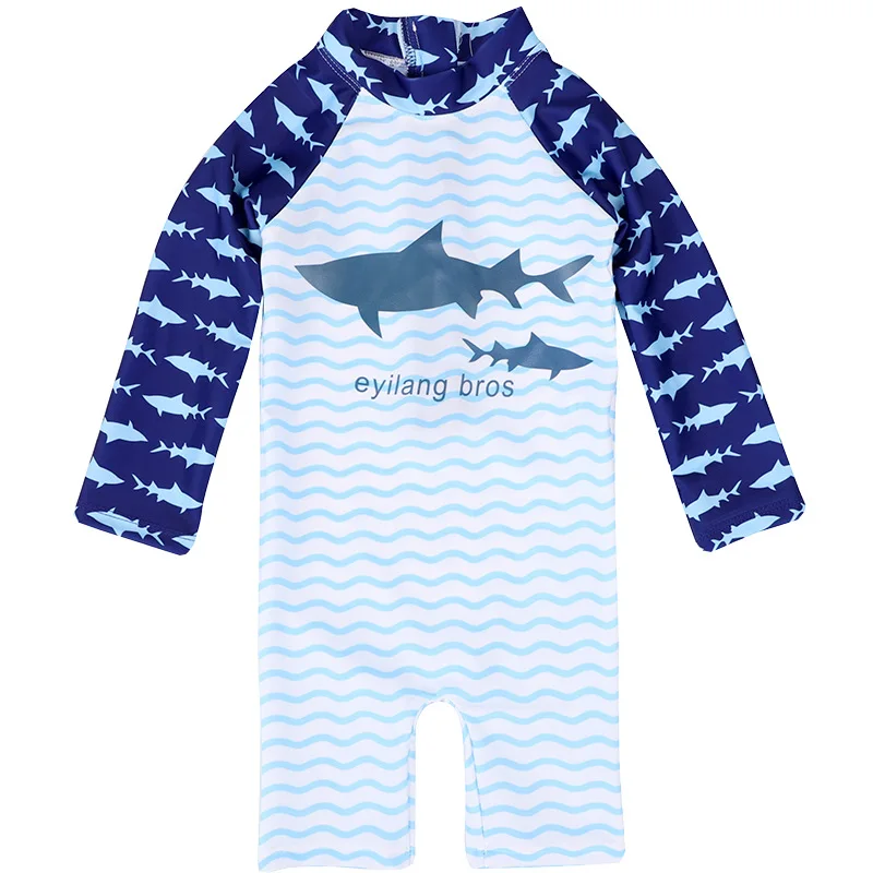 

New Boys One-piece Swimsuit + Sun Hat Kids Cartoon Shark Long Sleeve Sun-protective Quick-dry Surfing Bathing Suit Baby Swimwear