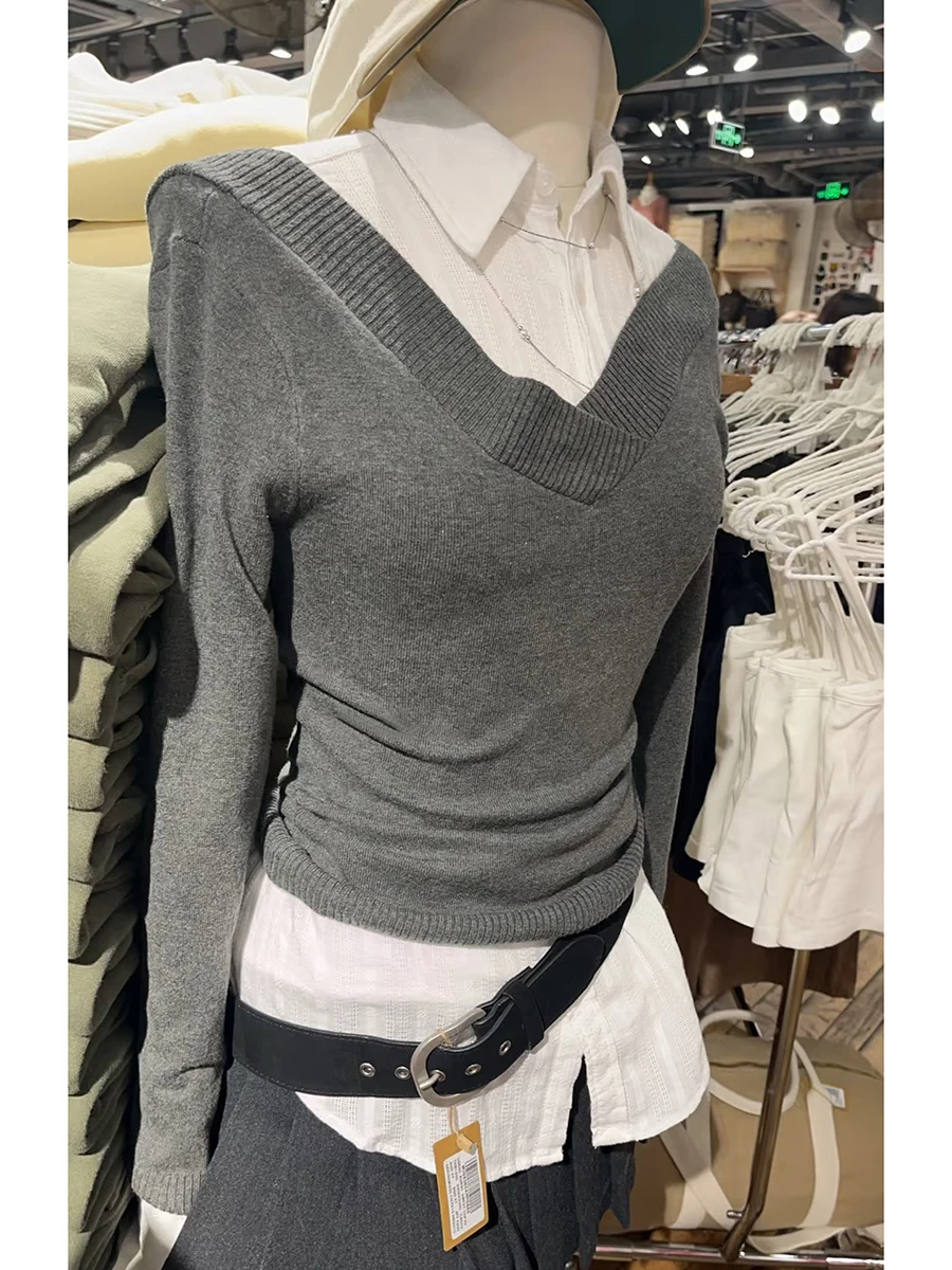 Cinza duplo decote em v camisola de malha primavera algodão fino manga longa malhas topos feminino vintage sólido all-match jumpers 2026 novo
